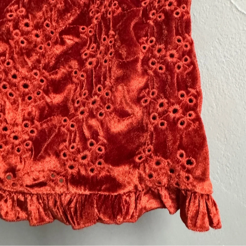 ASOS velvet broderie shirred midi dress burnt red eyelet lace long sleeve US6 - Picture 12 of 13